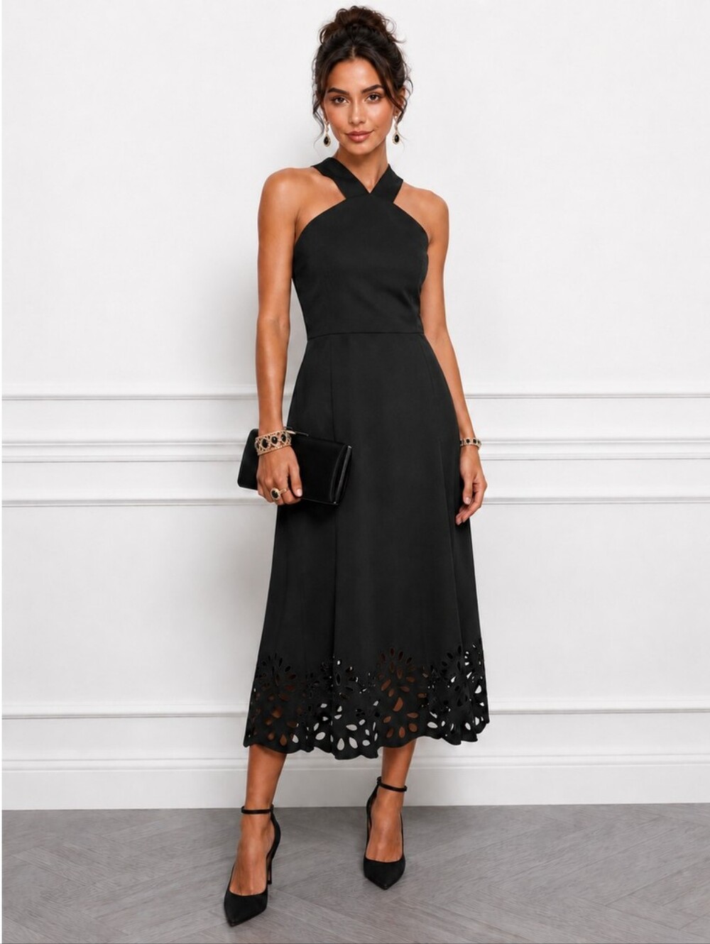 Boston Proper Beyond Travel Laser Cut Balck Dress, Size Small